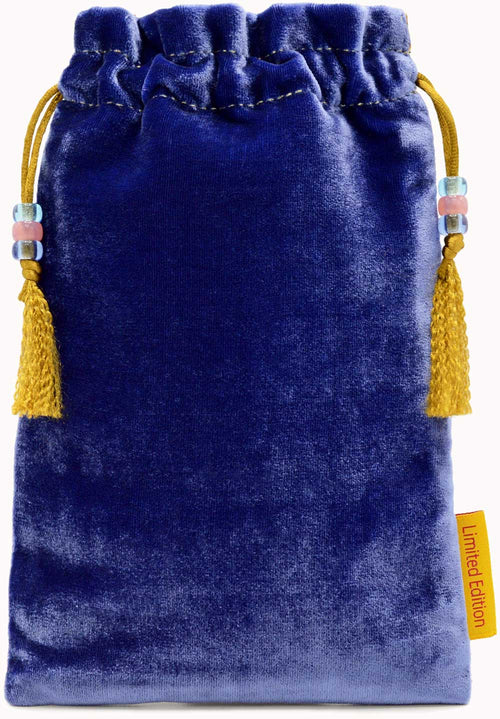 Drawstring tarot pouch in blue silk velvet, printed tarot bag, The Moon card, Tarot of Prague