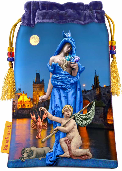 The Moon tarot bag, Tarot of Prague tarot pouch in blue silk velvet, drawstring bag by Baba Studio / BabaBarock