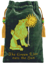 Unusual tarot bag with embroidery, alchemical tarot pouch, lion eating sun alchemy symbol.