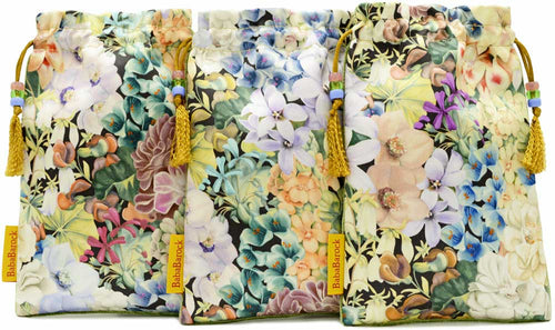 Liberty of London floral print bags, tarot pouches in Liberty silk satin fabric