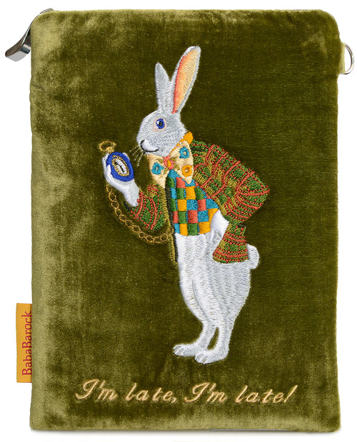 white rabbit, alice, wonderland, I'm late, embroidered, velvet, wristlet, pouch