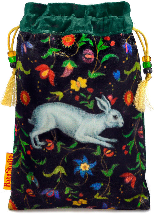 The White Rabbit bag. Printed on silk velvet. Green velvet version. - Baba Store - 1