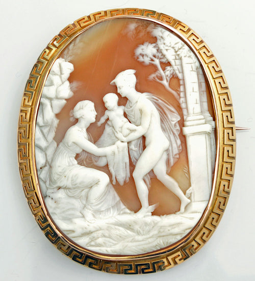 Cameo brooch, antique Victorian jewelry, carved shell cameo, Hermes / Mercury