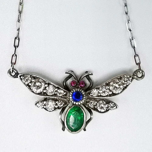 Antique silver pendant, vintage necklace with diamonds, ruby, sapphire, emerald