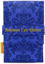 Bohemian Cats foldover pouch in English silk brocade in royal blue. Large-format size.