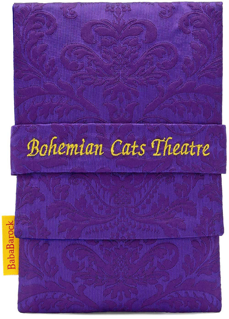 Bohemian Cats foldover pouch in English silk brocade in purple. Large-format size.