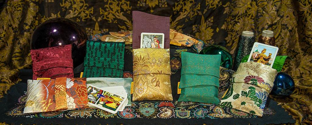 handmade foldover tarot pouches in vintage and antique silks and cottons