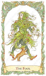 mythical creatures tarot, the fool, tarot fool, green man, fool with cat, amadan dubh, hand-painted, water colour, bababarock, tarot card deck, TdM, fantastical creatures tarot, tarot de marseilles