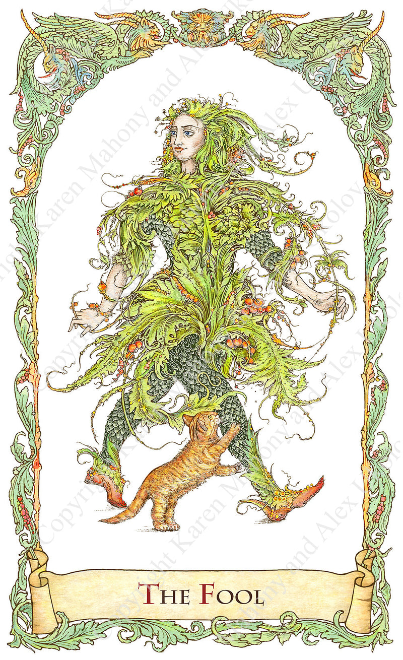 mythical creatures tarot, the fool, tarot fool, green man, fool with cat, amadan dubh, hand-painted, water colour, bababarock, tarot card deck, TdM, fantastical creatures tarot, tarot de marseilles