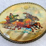 Large hand-painted Russian "troika" scene brooch pin on mother of pearl. Signed and dated.