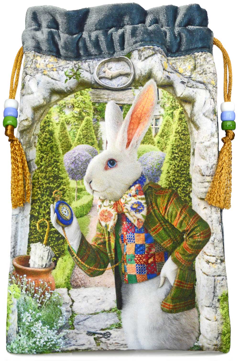 The White Rabbit — drawstring bag with blue teal silk velvet ...