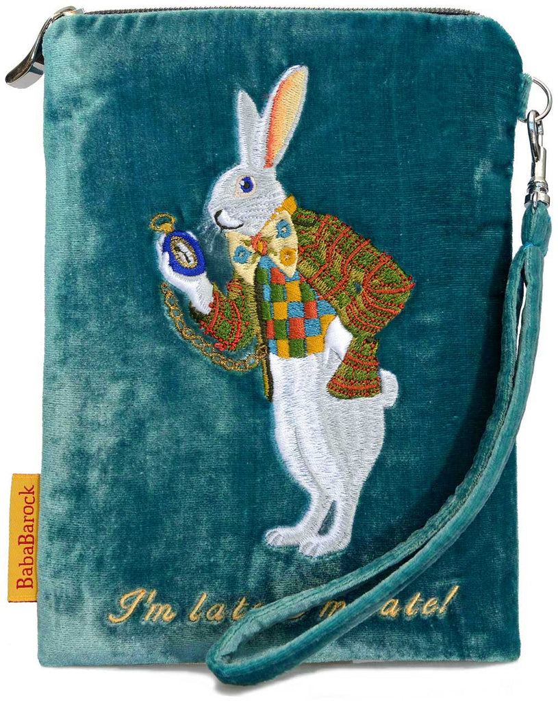 "I'm Late!" - White Rabbit silk velvet embroidered wristlet. Blue teal.