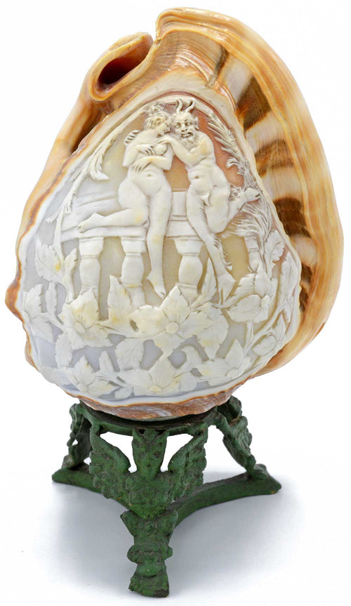 carved shell lamp, devil and woman