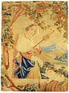 Antique tapestry needlework with a woman spinning and a cat 
