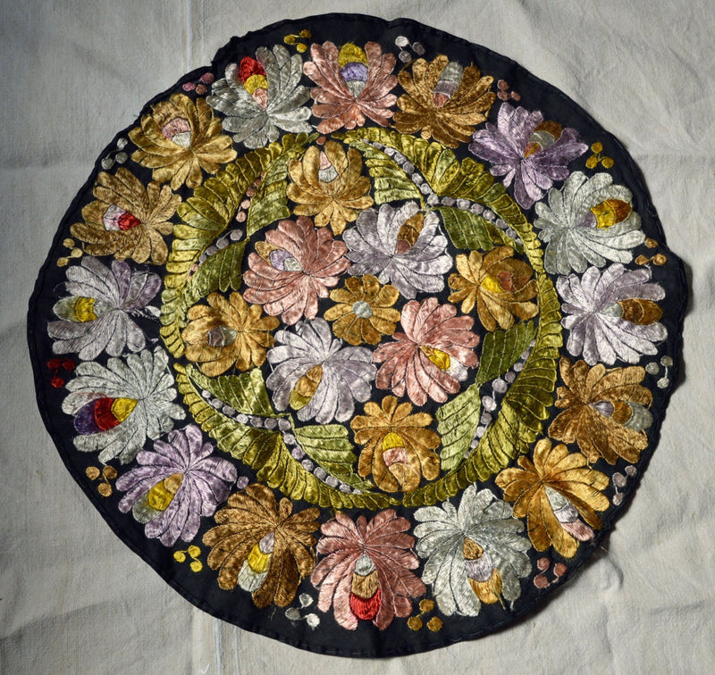 Large Hungarian hand-stitched silk Matyo embroidery - beautiful antique colours of pinks, apricots, limes and lavender on black ground.