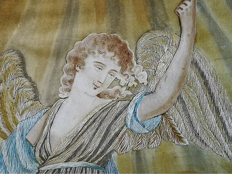 Large Georgian silk-work embroidery. Mary and Archangel Gabriel.