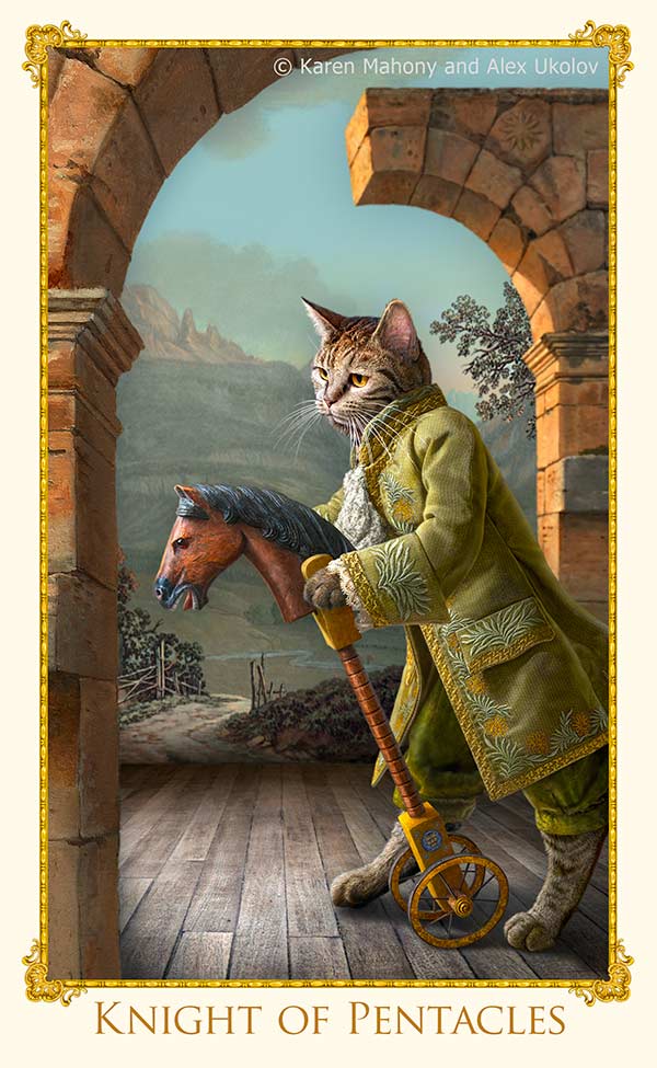 Knight of Pentacles on a hobby horse The Bohemian Cats Theatre Tarot