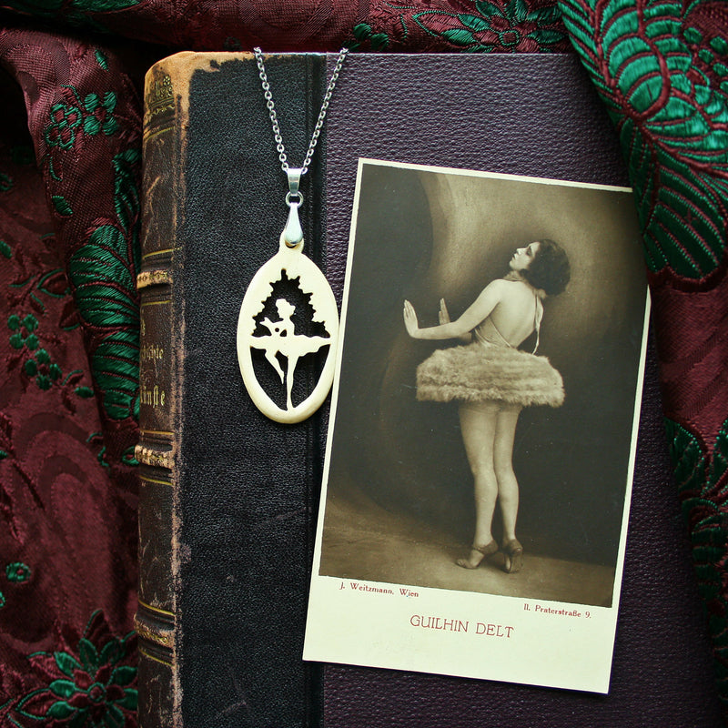Ballerina - carved bone antique fairytale pendant. Handmade