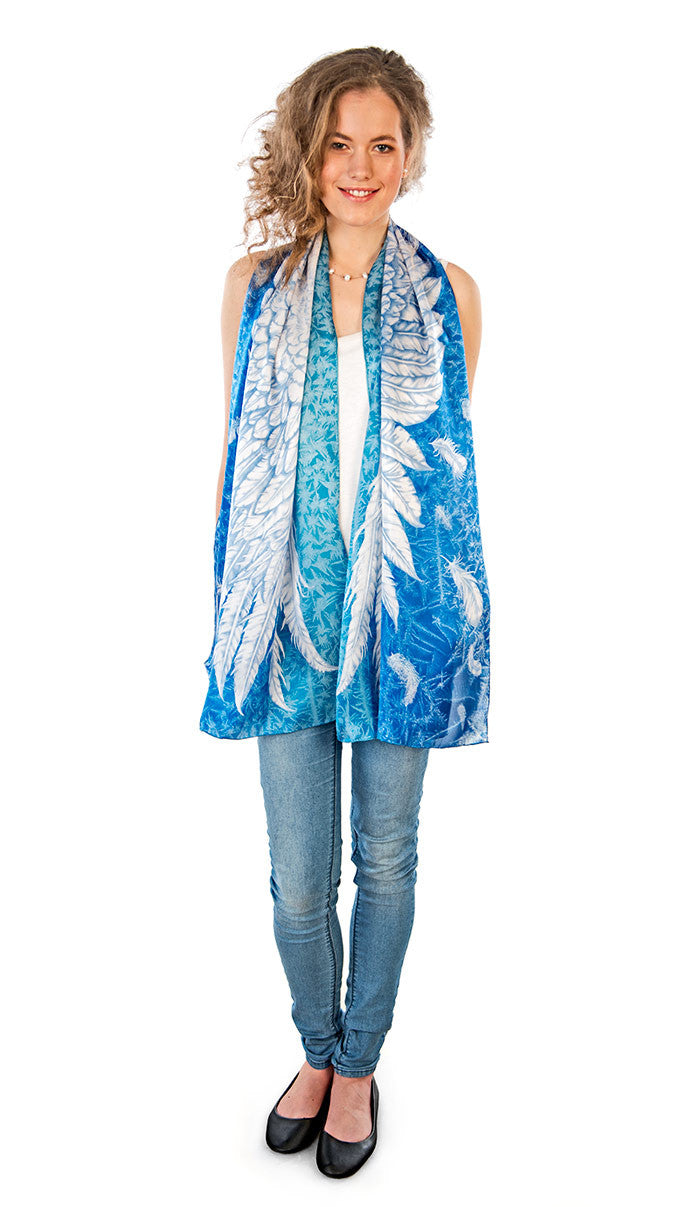 Wings of an Angel pure silk-satin scarf/wrap. Blue version. - Baba Store - 2