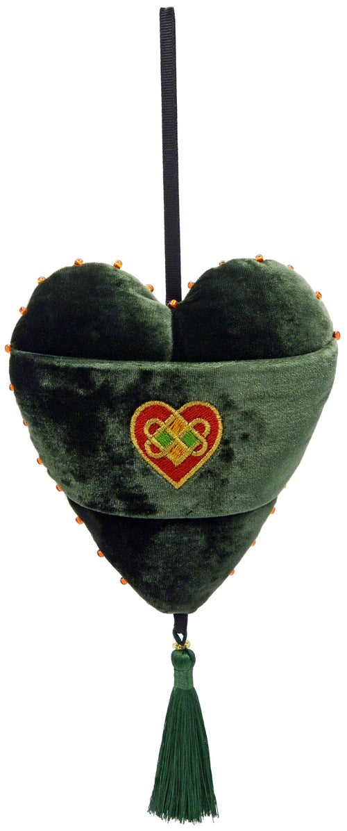 Celtic love heart charm in antique brocade, embroidered heart charm by Baba Studio