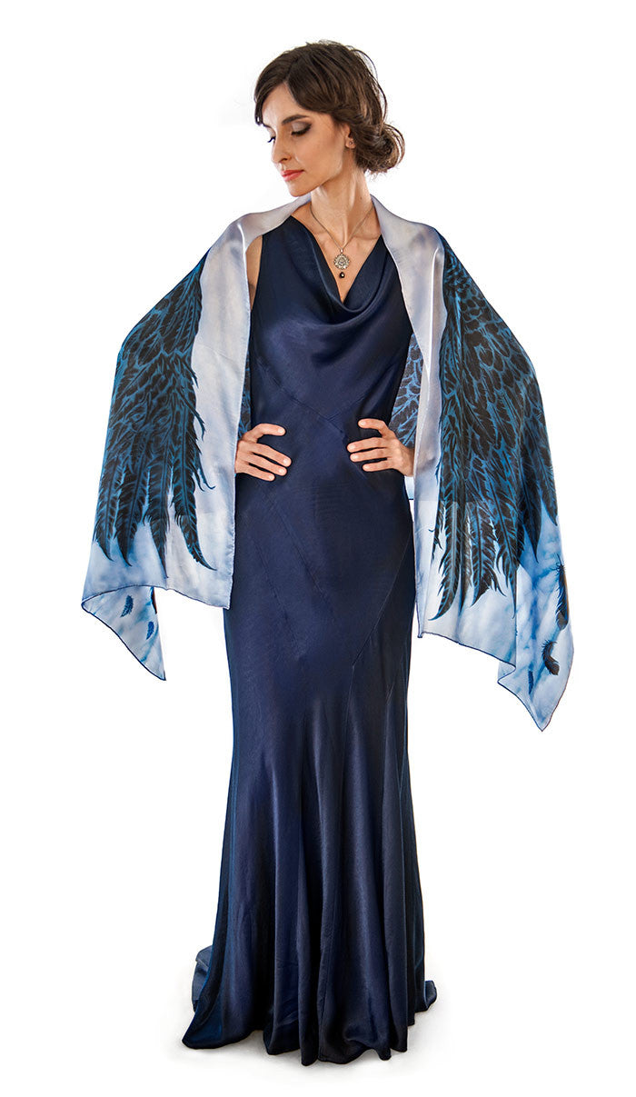 Wings of an Angel, black version, pure silk-satin scarf/wrap. - Baba Store - 1
