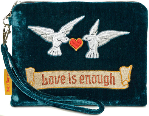 arts and crafts embroidery, william morris, love is enough, tarot bag, doves, valentines day, wristlet, silk velvet, doves and hearts, clutch bag