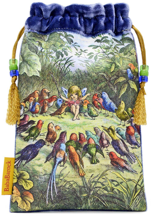 Tarot bag fairy print, velvet tarot pouch, fairies, birds by Richard Doyle