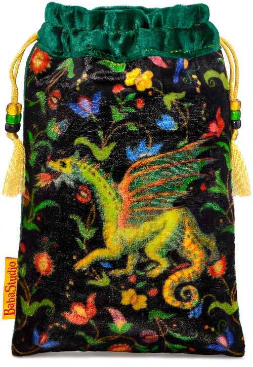 The Dragon bag. Printed on silk velvet. Forest green velvet version. - Baba Store - 1