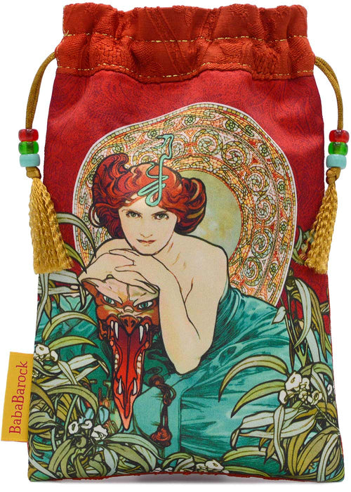 Tarot bag Art Nouveau, tarot pouch Emerald Mucha print, silk kimono bags