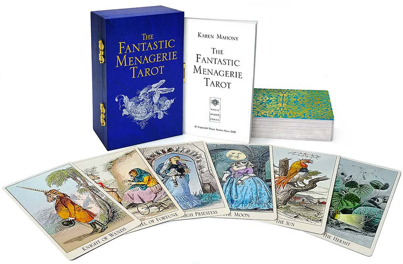 The Fantastic Menagerie Tarot by BabaBarock with cold stamping and wooden box. Based on Grandville illustrations. 