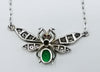 Back of handmade 19th century silver fly pendant and chain with diamonds, ruby, sapphire and emerald. Antique jewellery, insect jewelry,