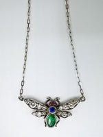 19th century silver fly pendant and chain with diamonds, ruby, sapphire and emerald. Antique jewellery, insect jewelry,