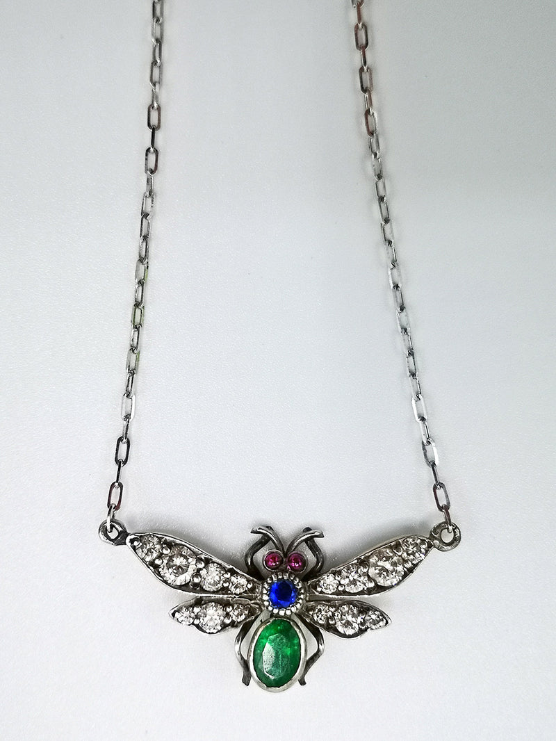 19th century silver fly pendant and chain with diamonds, ruby, sapphire and emerald. Antique jewellery, insect jewelry,