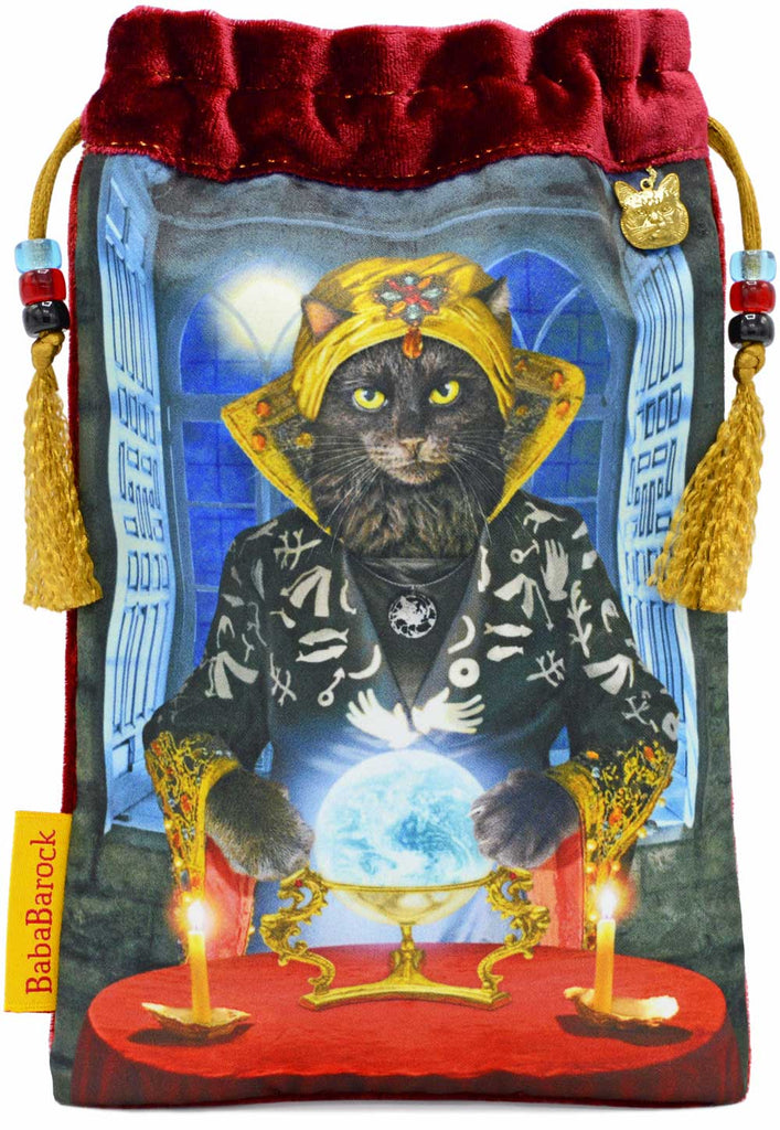 Bohemian Cats bag, The Fortune Teller drawstring tarot pouch in burgundy red silk velvet.