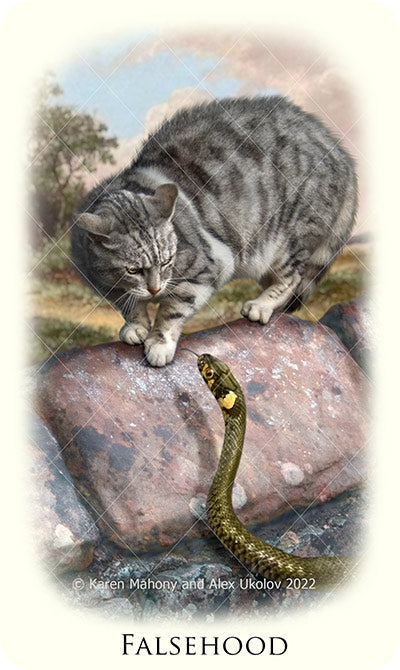 Falsehood card with cat, snake from Bohemian Fortune Telling Cards, oracle deck by Baba Studio / BabaBarock.