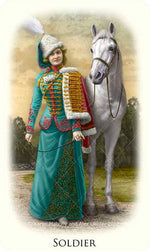 Soldier card, fortune telling decks BabaBarock / Baba Studio, female soldier with horse