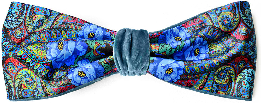 Blue Roses. Printed satin & silk-velvet headband - BLUE TEAL version