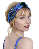Blue Roses headband by Baba Studio. Printed headbands in satin & teal silk velvet with roses pattern