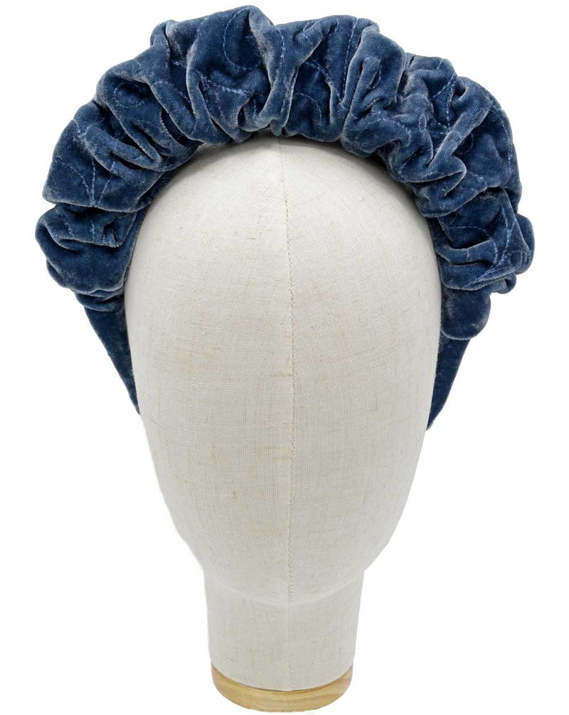 Frida Kahlo style headband in blue gray silk velvet, embroidered crown headpiece with blue metallic