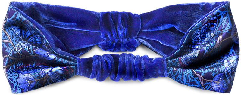 Hawkmoths at Dusk. Printed satin & silk-velvet headband - BLUE version