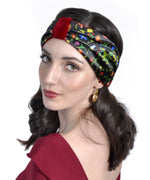 Mythical Dragons headband, printed satin & red silk velvet. By Baba Studio