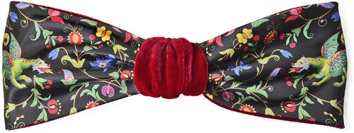 Velvet headband with dragons, printed satin headband, burgundy silk velvet. By Baba Studio