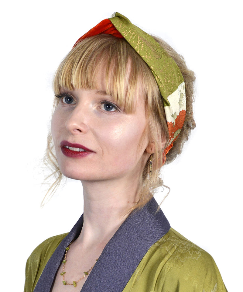 Orange velvet headband, Japanese kimono silk, vintage inspired headbands by Baba Studio