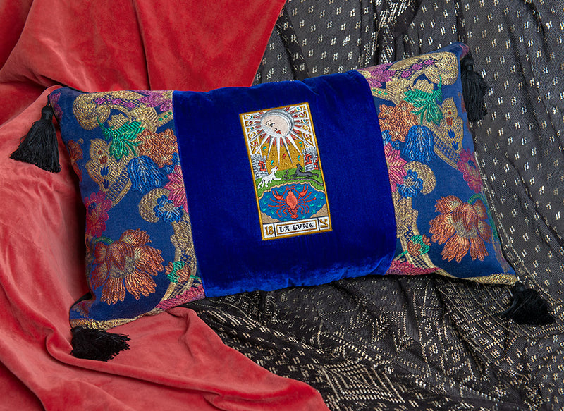 antique brocade, embroidered cushion, la lune, tarot cushion, tarot pillow, antique tarot 