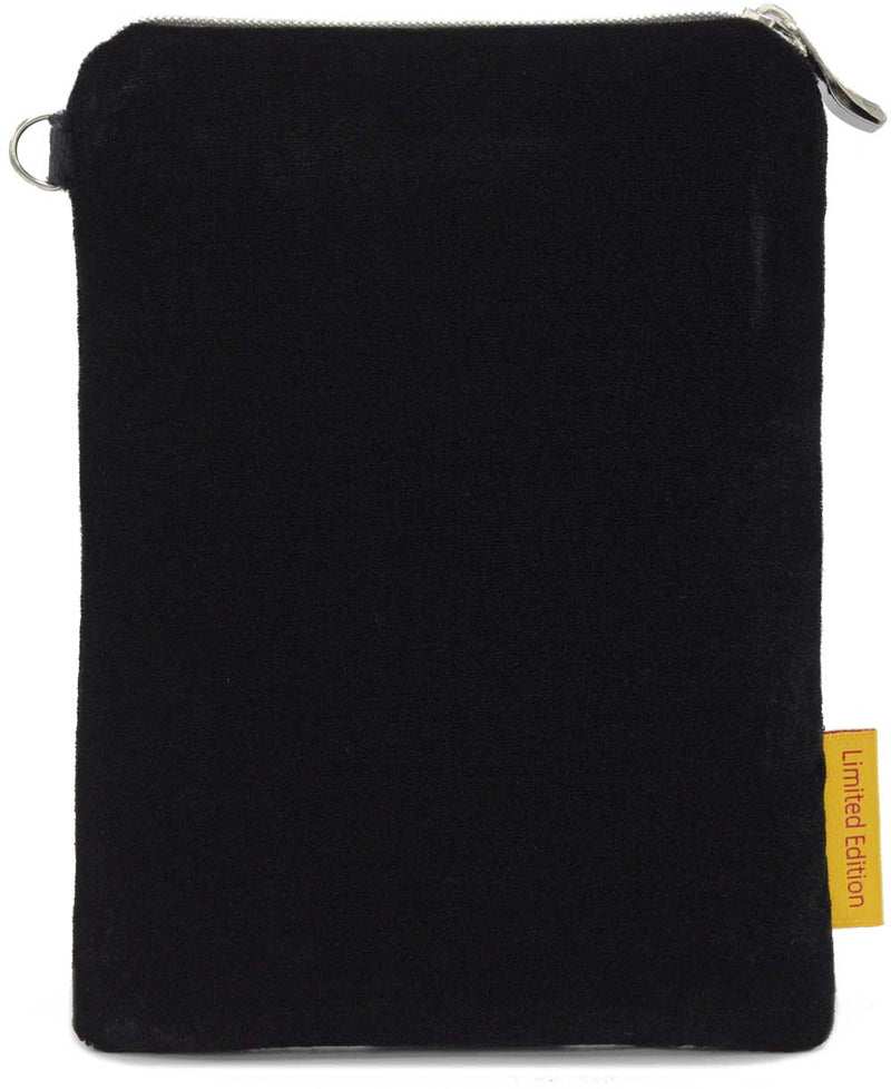 Black silk velvet wristlet, embroidered zip top bag with strap