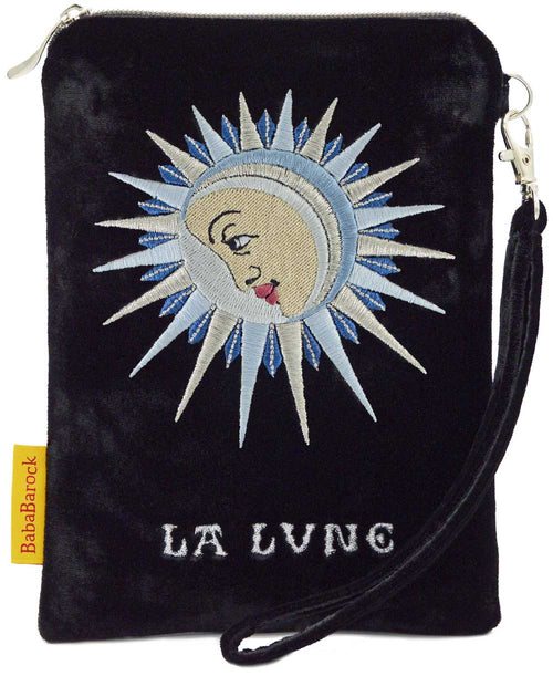 Wristlet with embroidery, zip-top bag, pouch with strap, La Lune