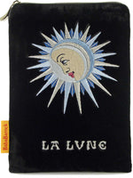 Velvet bag with wrist strap, embroidered wristlet with zip, La Lune from Wirth Tarot