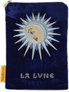 La Lune ( The Moon) wristlet tarot bag, embroidered tarot pouch in royal blue silk velvet.