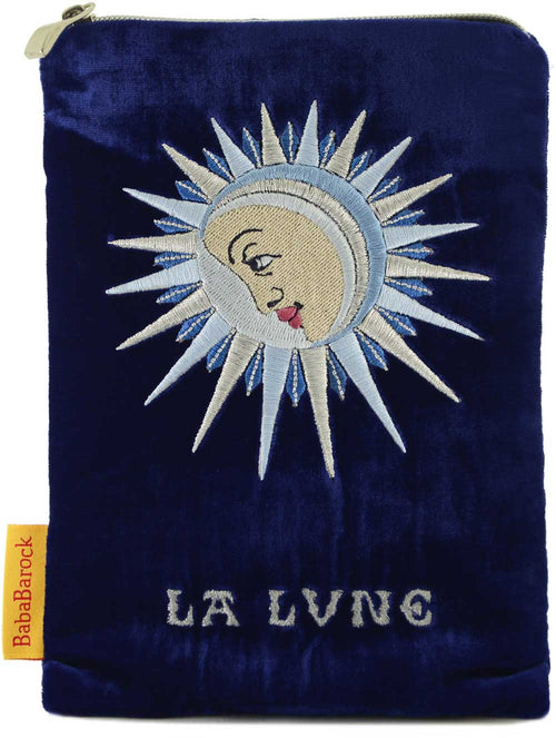 La Lune ( The Moon) wristlet tarot bag, embroidered tarot pouch in royal blue silk velvet.