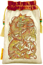 Baba Studio Mythical Creatures tarot bag, dragon print, Queen of Wands, velvet tarot pouch